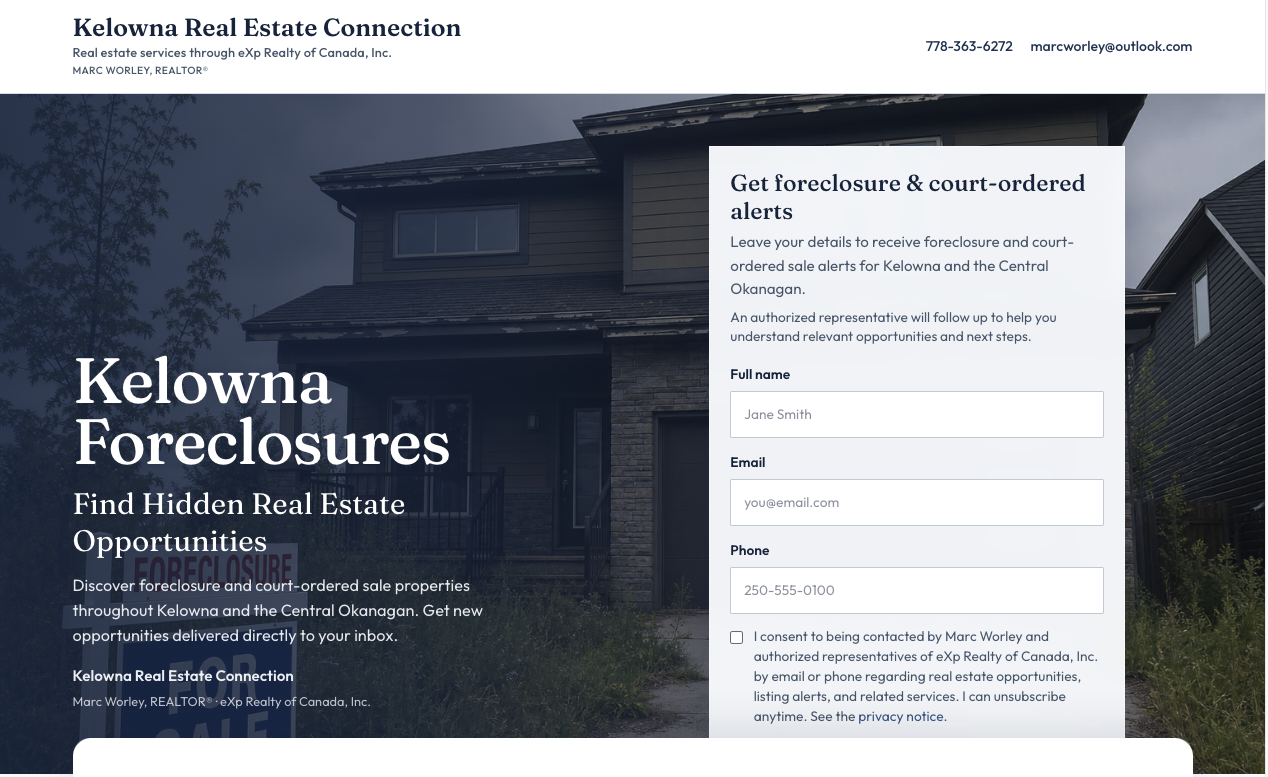 Polished desktop landing page with hero promise and lead form