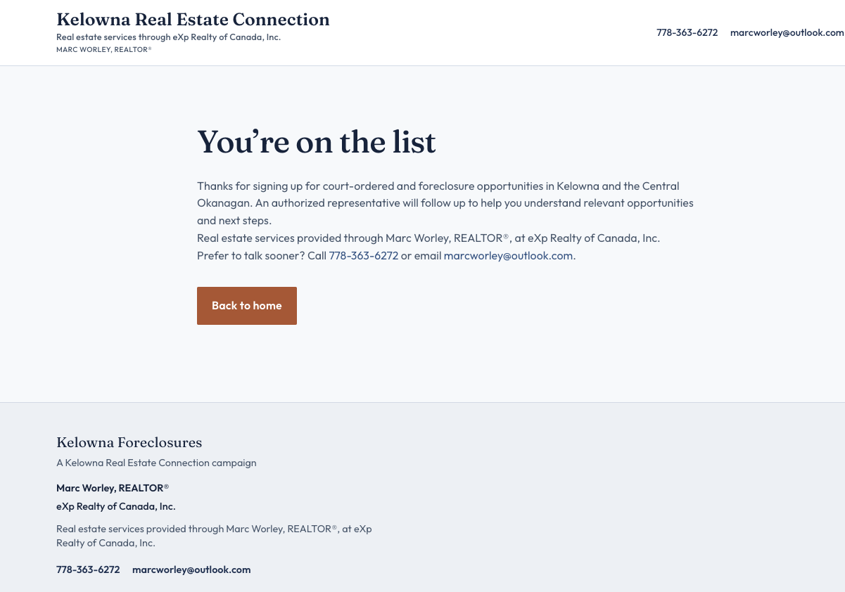 Thank-you confirmation with next steps and realtor identification