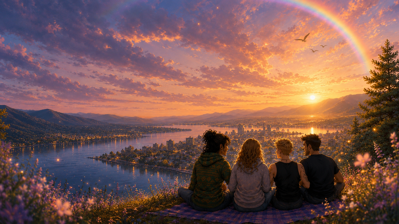 Friends watching a Kelowna sunset with a rainbow overhead — Chasing Rainbows welcome art