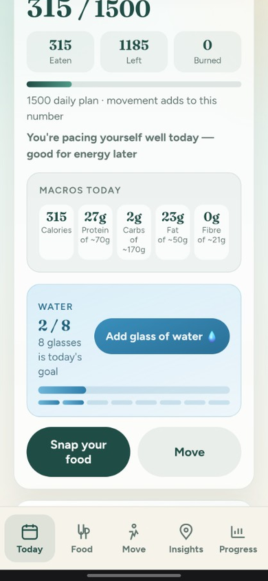 Daily dashboard with calories, macros, water, and snap food actions