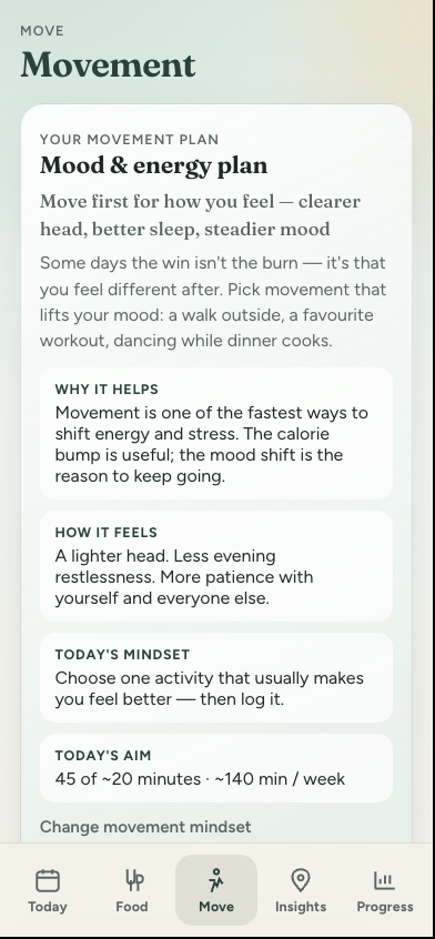 Movement tracking with mood and energy plan